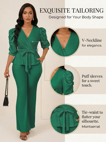 Ruffle V Neck Wide Leg Pants Set