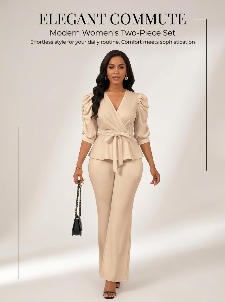 Ruffle V Neck Wide Leg Pants Set