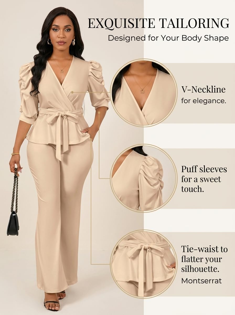 Ruffle V Neck Wide Leg Pants Set