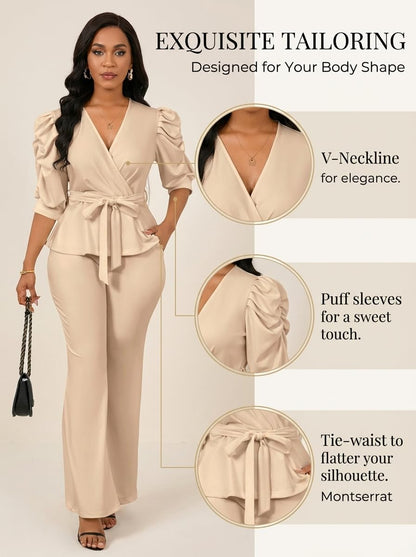Ruffle V Neck Wide Leg Pants Set