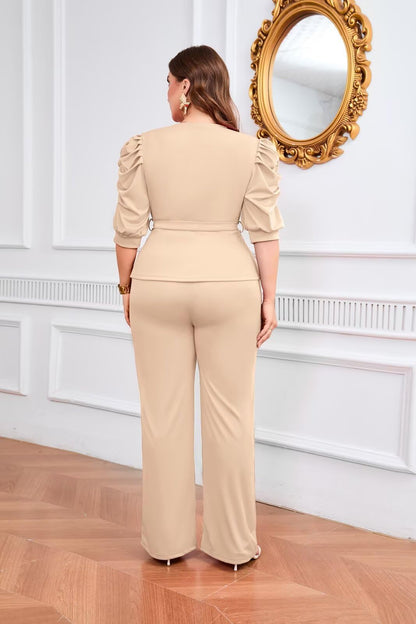 Ruffle V Neck Wide Leg Pants Set