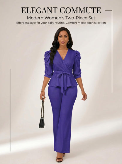 Ruffle V Neck Wide Leg Pants Set