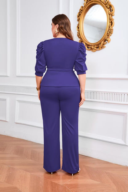Ruffle V Neck Wide Leg Pants Set