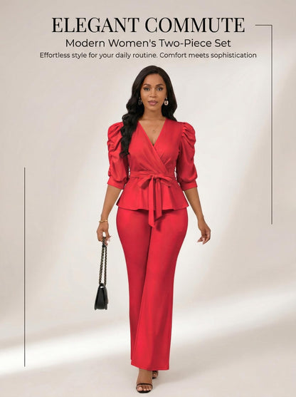 Ruffle V Neck Wide Leg Pants Set