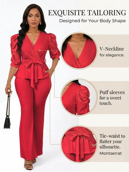 Ruffle V Neck Wide Leg Pants Set
