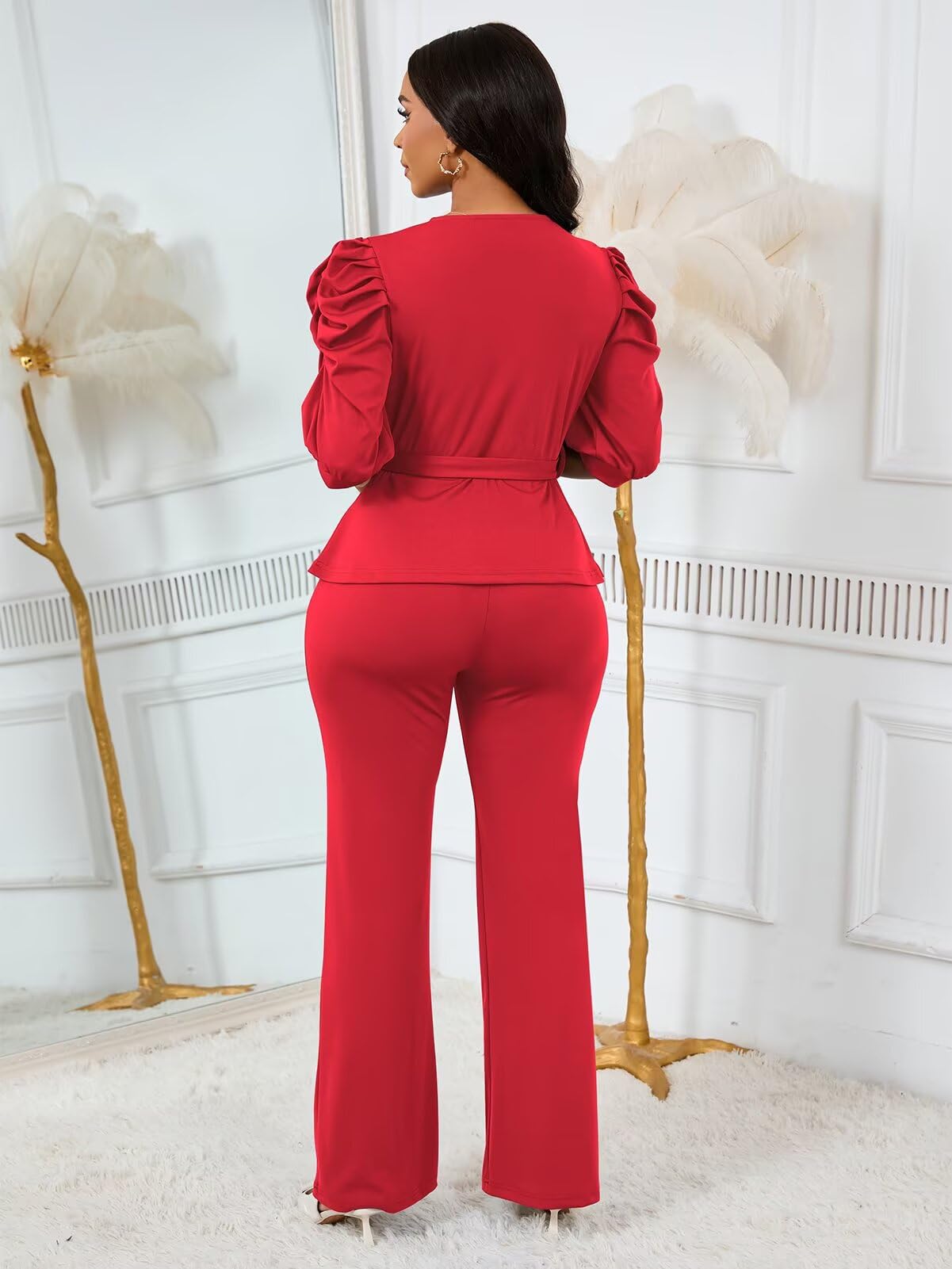Ruffle V Neck Wide Leg Pants Set