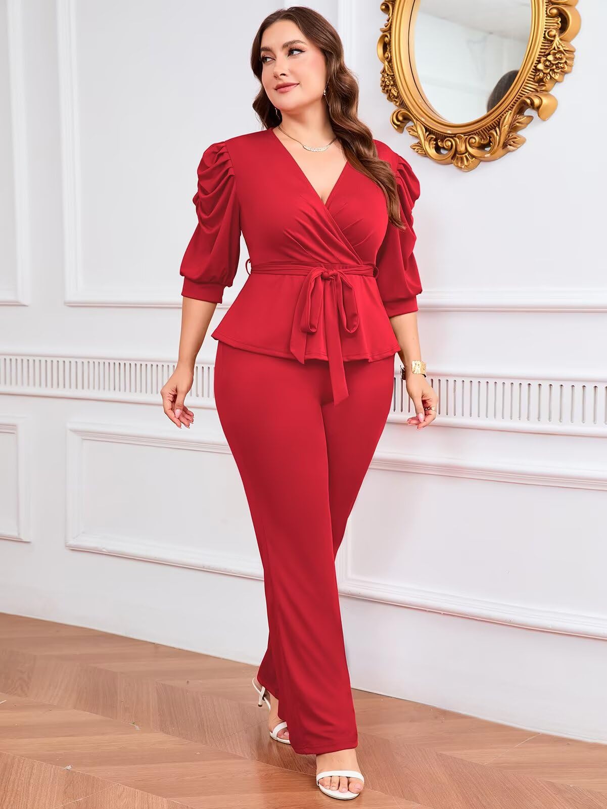 Ruffle V Neck Wide Leg Pants Set
