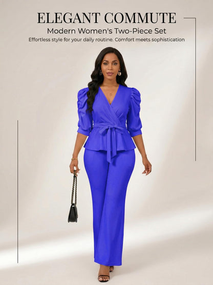 Ruffle V Neck Wide Leg Pants Set