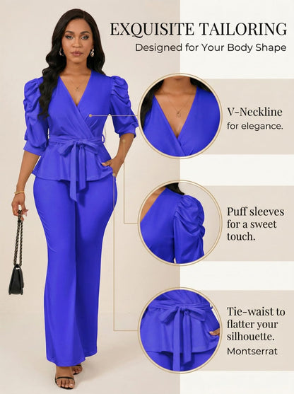 Ruffle V Neck Wide Leg Pants Set