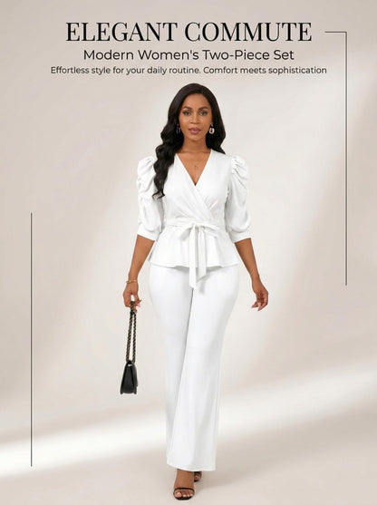 Ruffle V Neck Wide Leg Pants Set