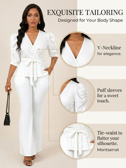 Ruffle V Neck Wide Leg Pants Set