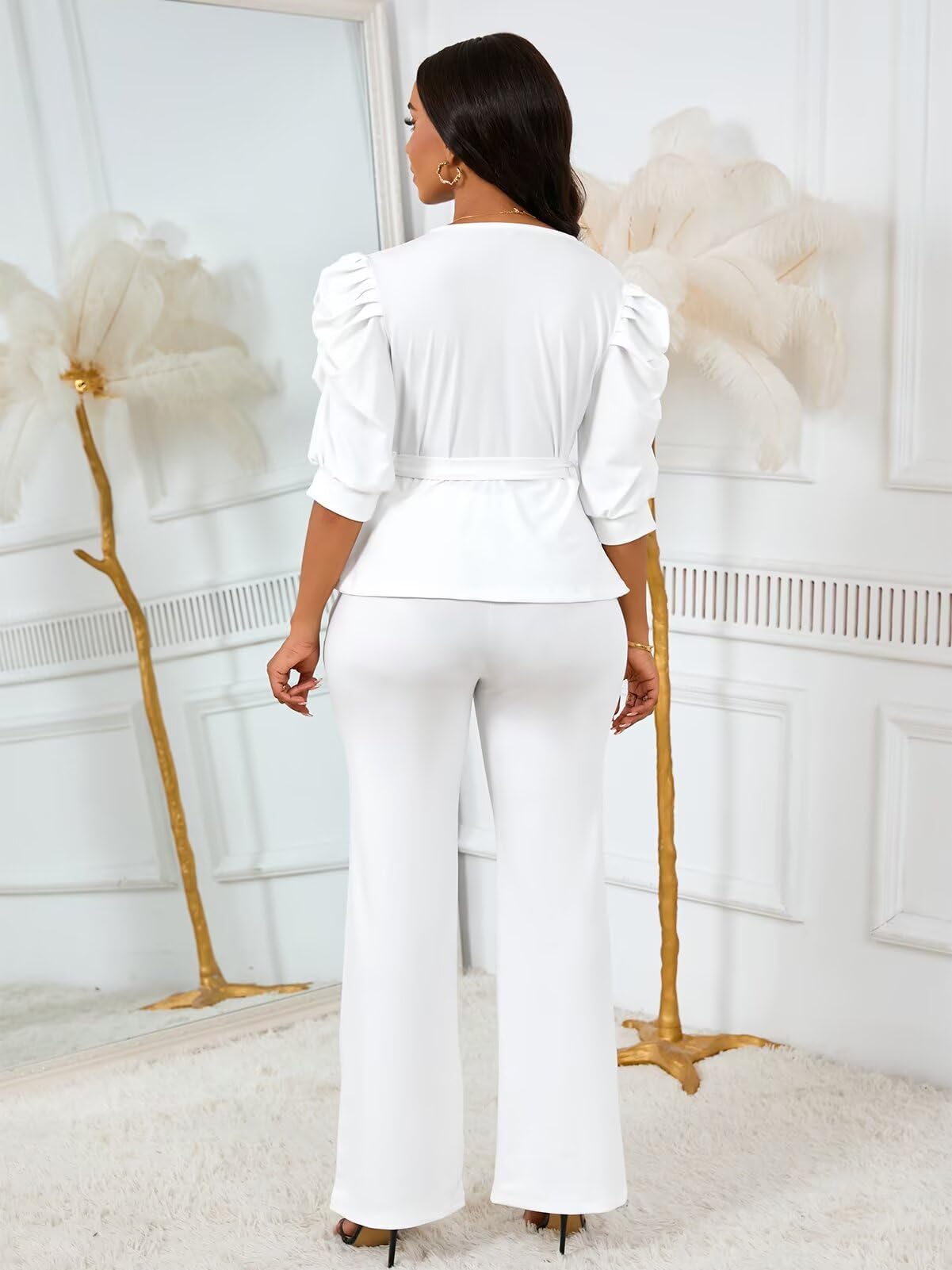 Ruffle V Neck Wide Leg Pants Set