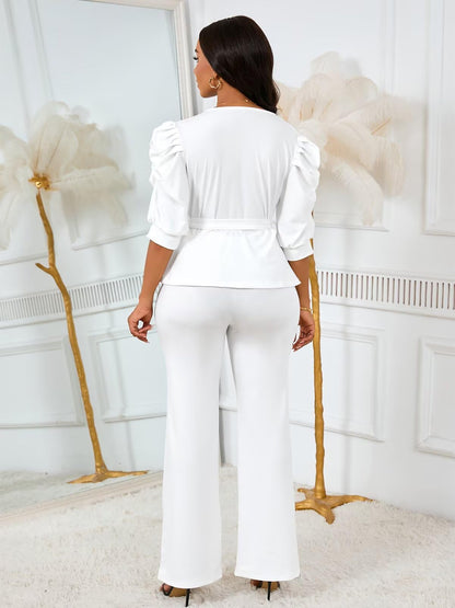 Ruffle V Neck Wide Leg Pants Set