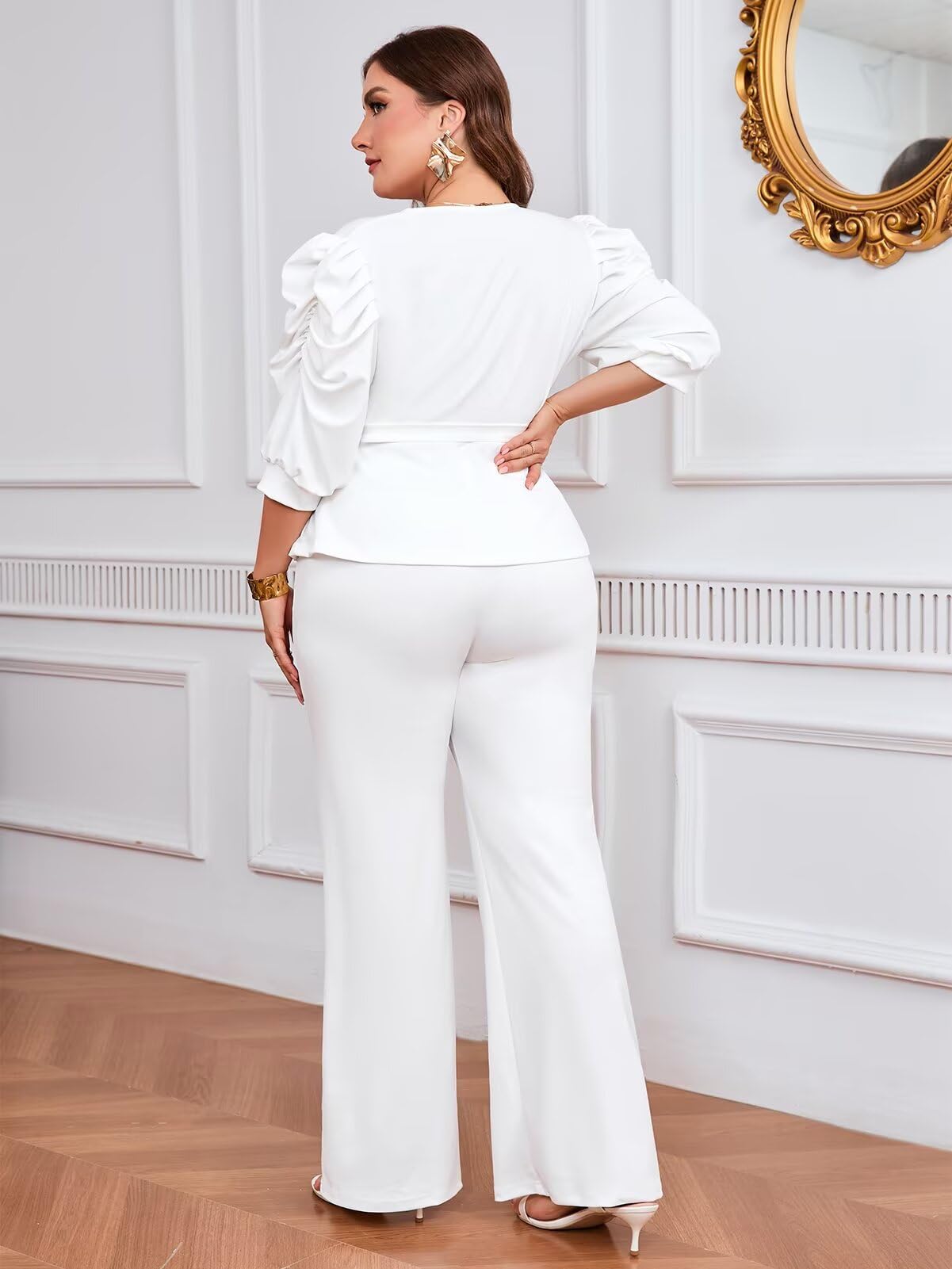 Ruffle V Neck Wide Leg Pants Set