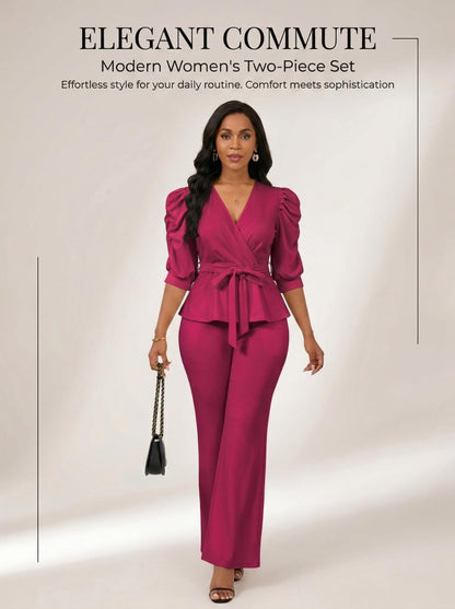 Ruffle V Neck Wide Leg Pants Set