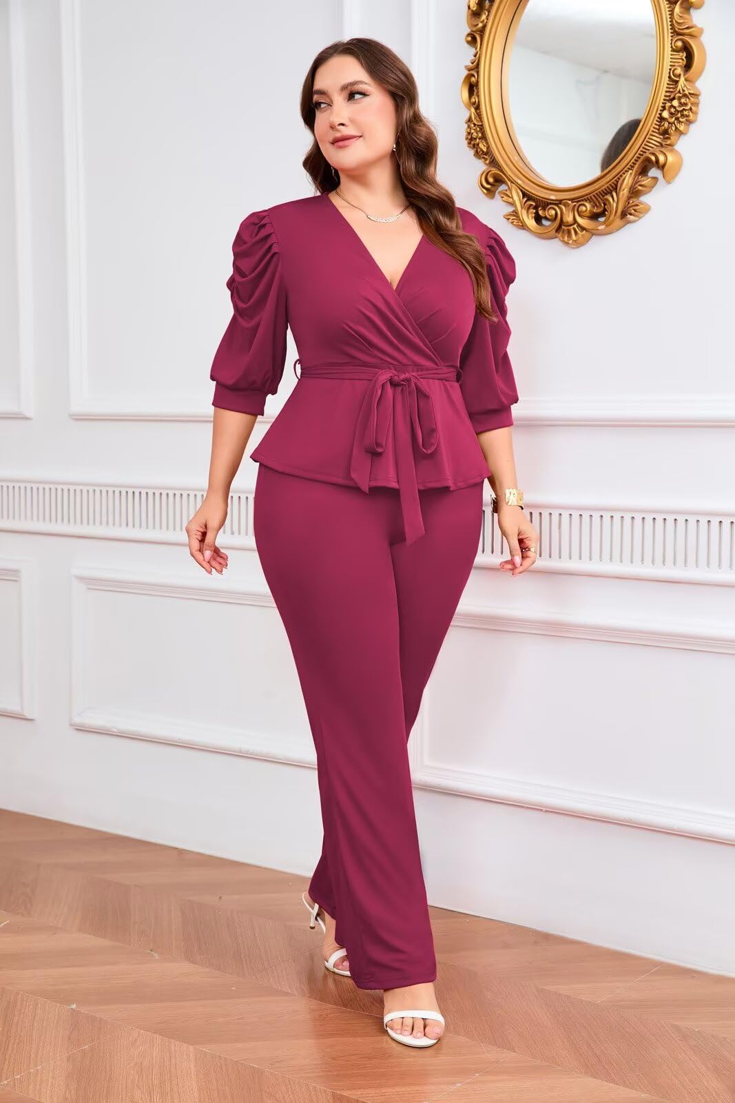 Ruffle V Neck Wide Leg Pants Set