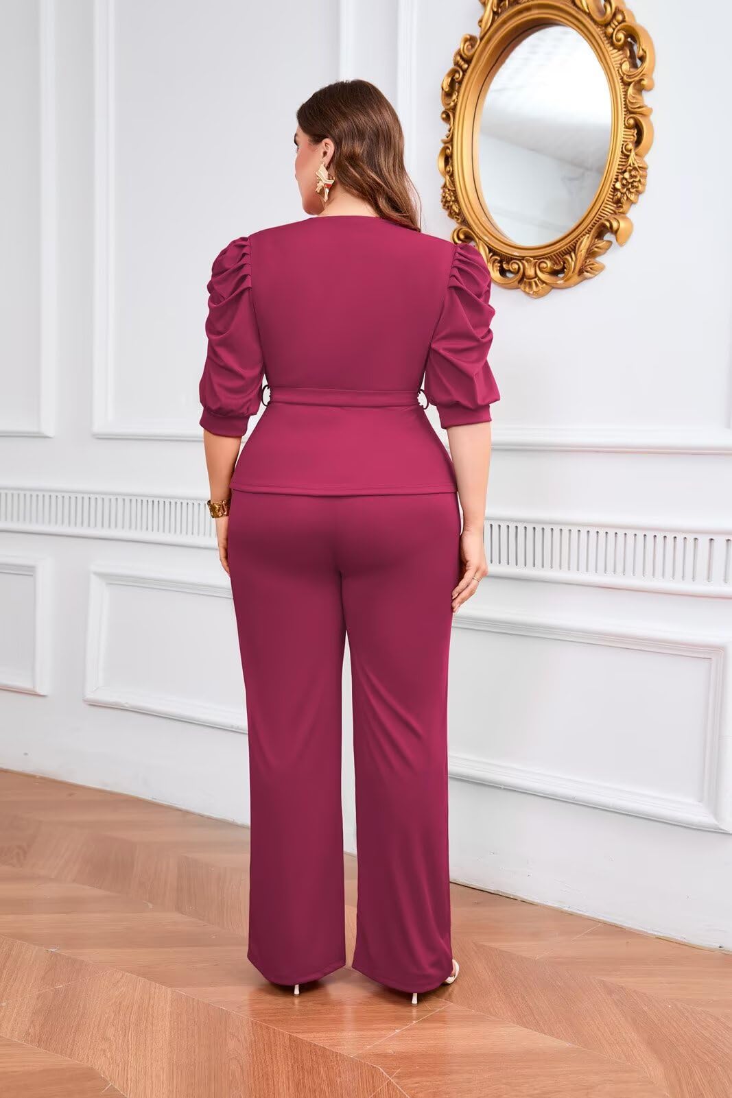 Ruffle V Neck Wide Leg Pants Set