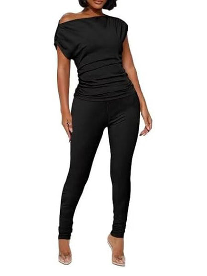 One Shoulder Tops Ribbed Pants Set Tracksuit