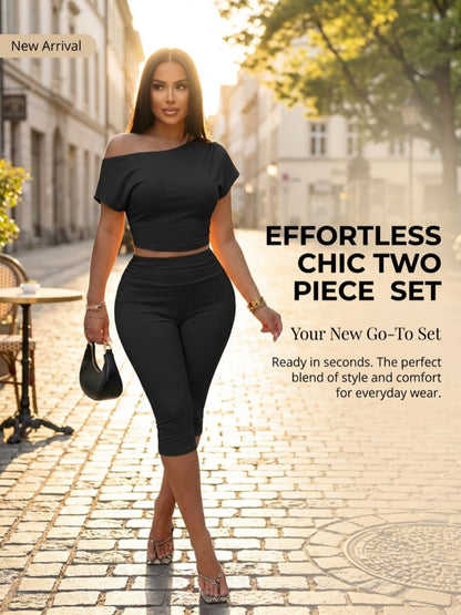 Off Shoulder Ribbed Capri Set