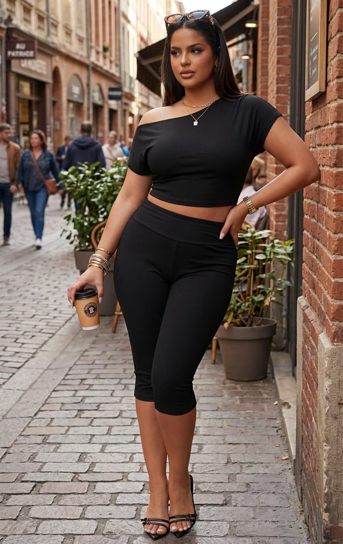 Off Shoulder Ribbed Capri Set