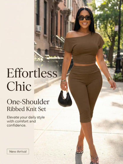 Off Shoulder Ribbed Capri Set