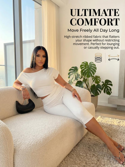 Off Shoulder Ribbed Capri Set