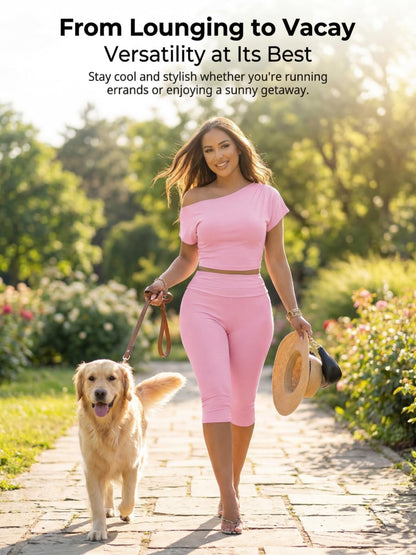 Off Shoulder Ribbed Capri Set