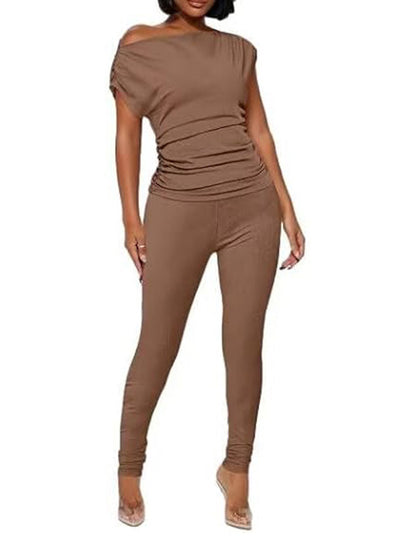 One Shoulder Tops Ribbed Pants Set Tracksuit