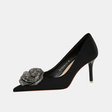 Gerbera Rhinestone Flower Satin Pumps