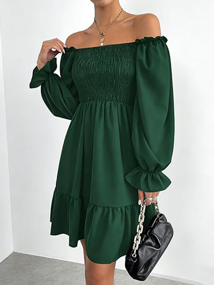 Square Neck Puff Sleeve A-Line Ruffle Hem Knee Dress