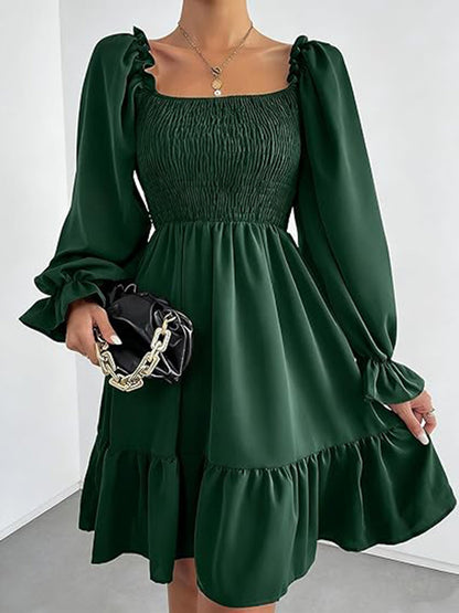Square Neck Puff Sleeve A-Line Ruffle Hem Knee Dress