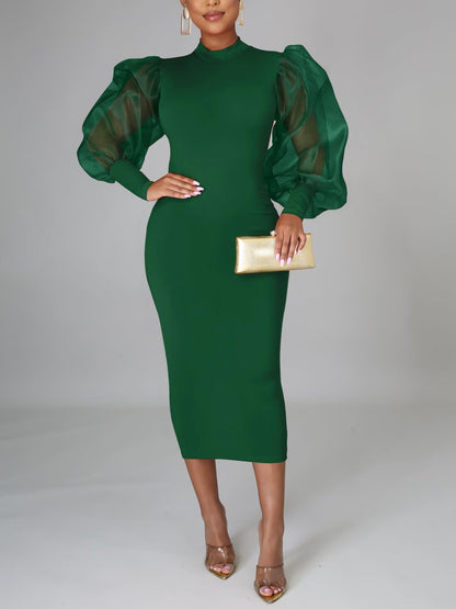 Elegant Sheer Puff Sleeve Midi Dress