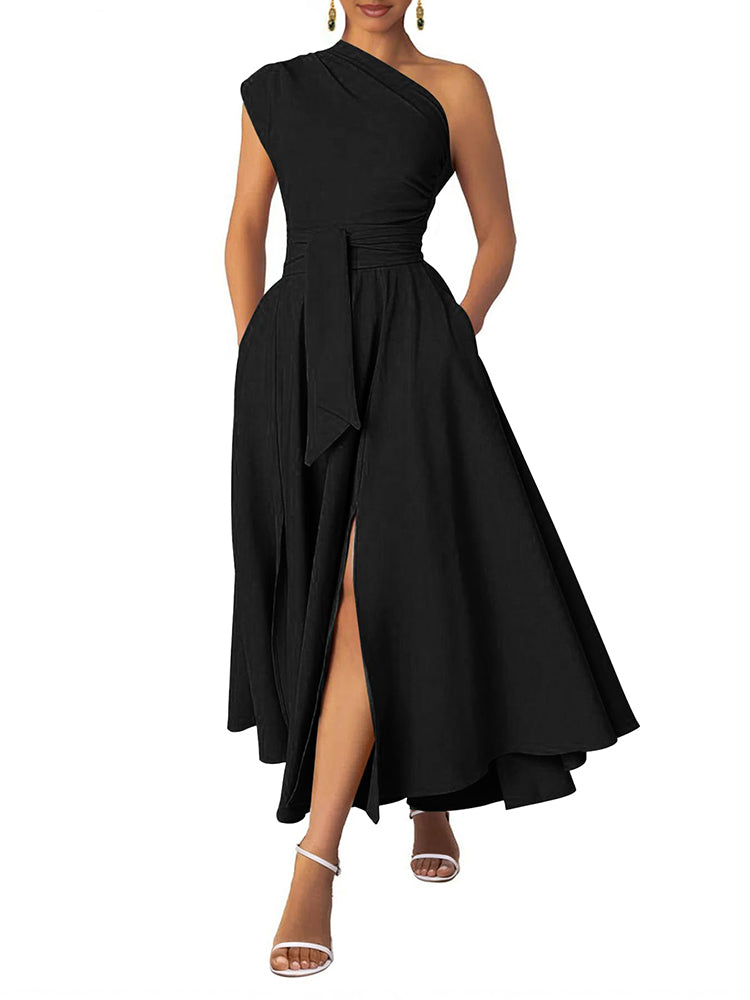 Elegant One Shoulder Belt Maxi Dress