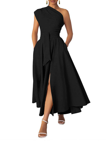 Elegant One Shoulder Belt Maxi Dress