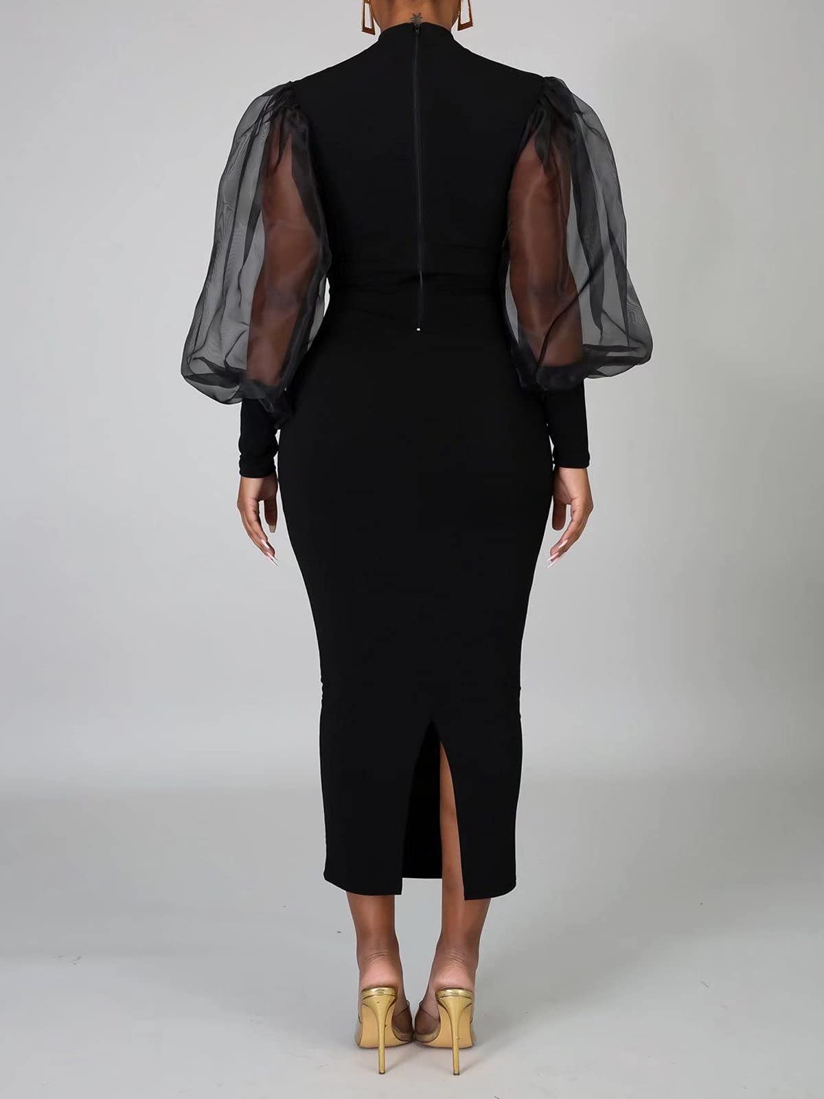 Elegant Sheer Puff Sleeve Midi Dress