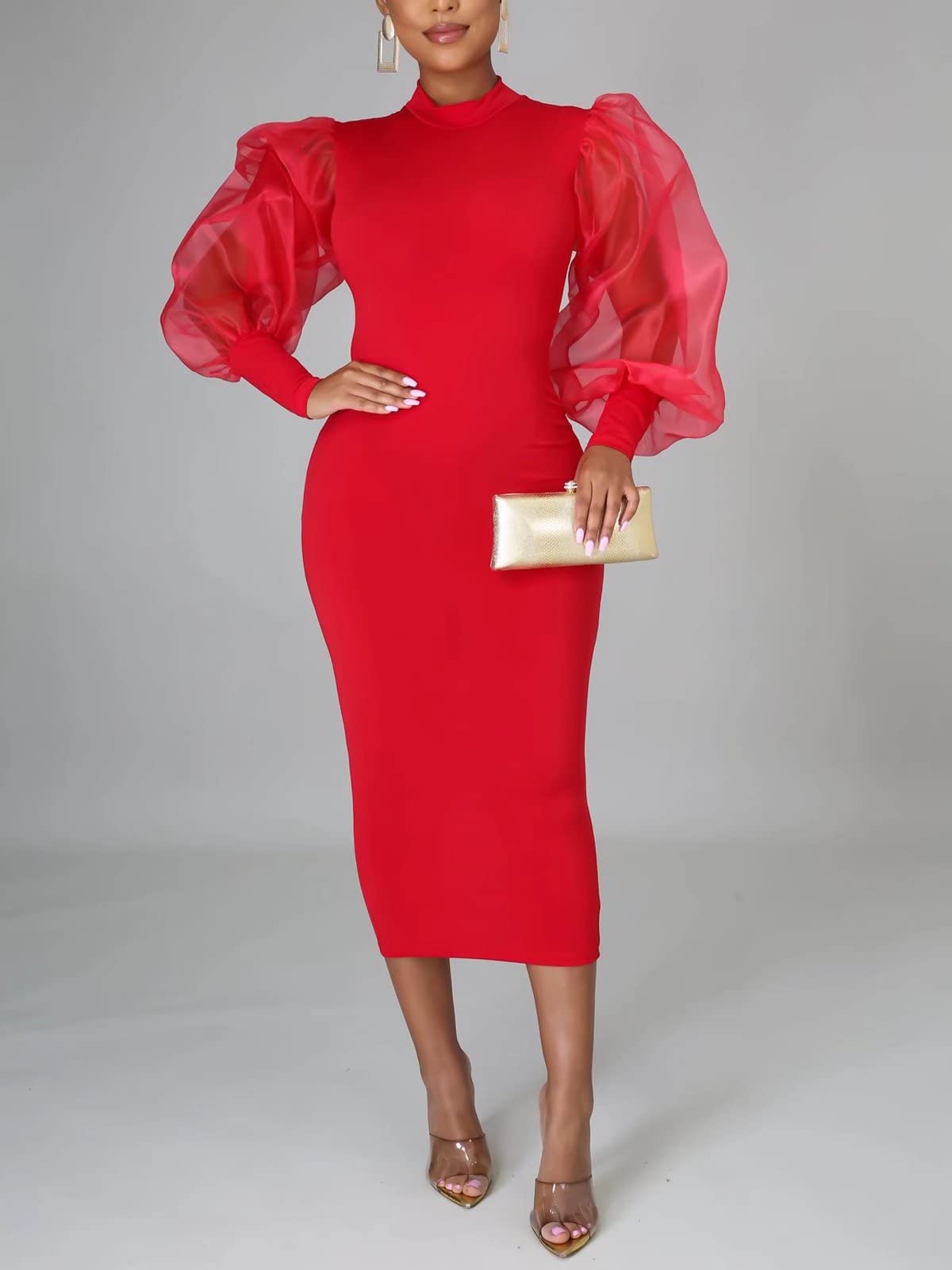Elegant Sheer Puff Sleeve Midi Dress