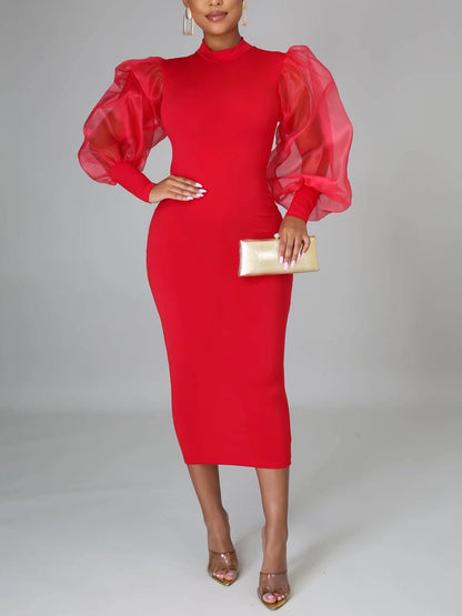 Elegant Sheer Puff Sleeve Midi Dress
