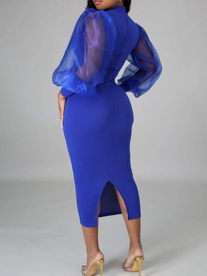 Elegant Sheer Puff Sleeve Midi Dress