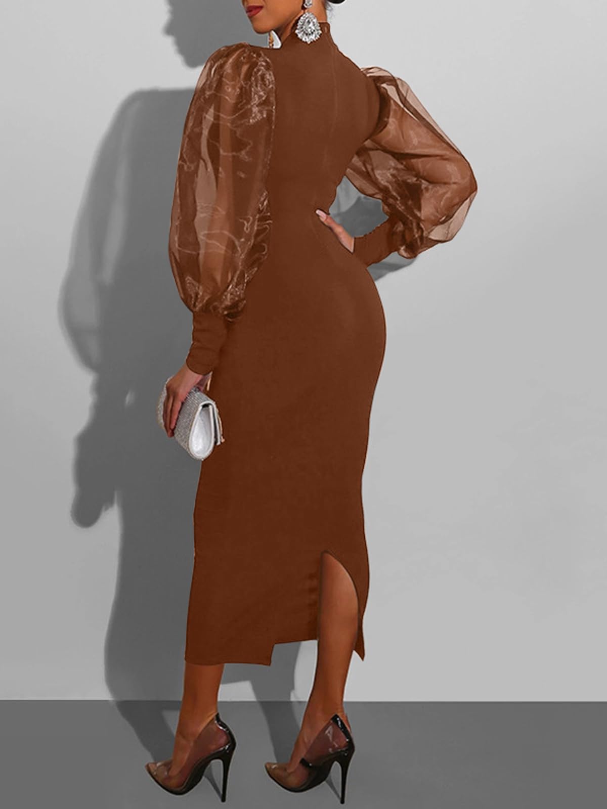 Elegant Sheer Puff Sleeve Midi Dress