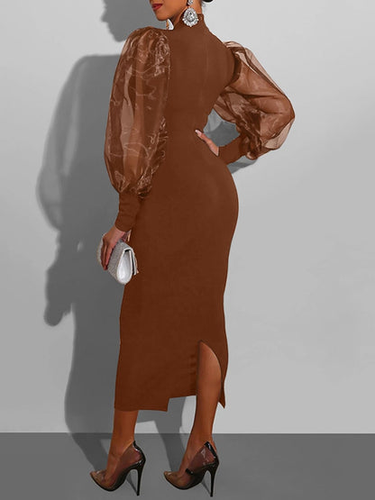 Elegant Sheer Puff Sleeve Midi Dress