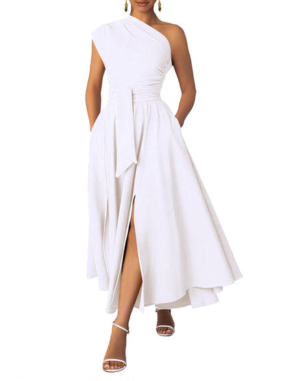 Elegant One Shoulder Belt Maxi Dress