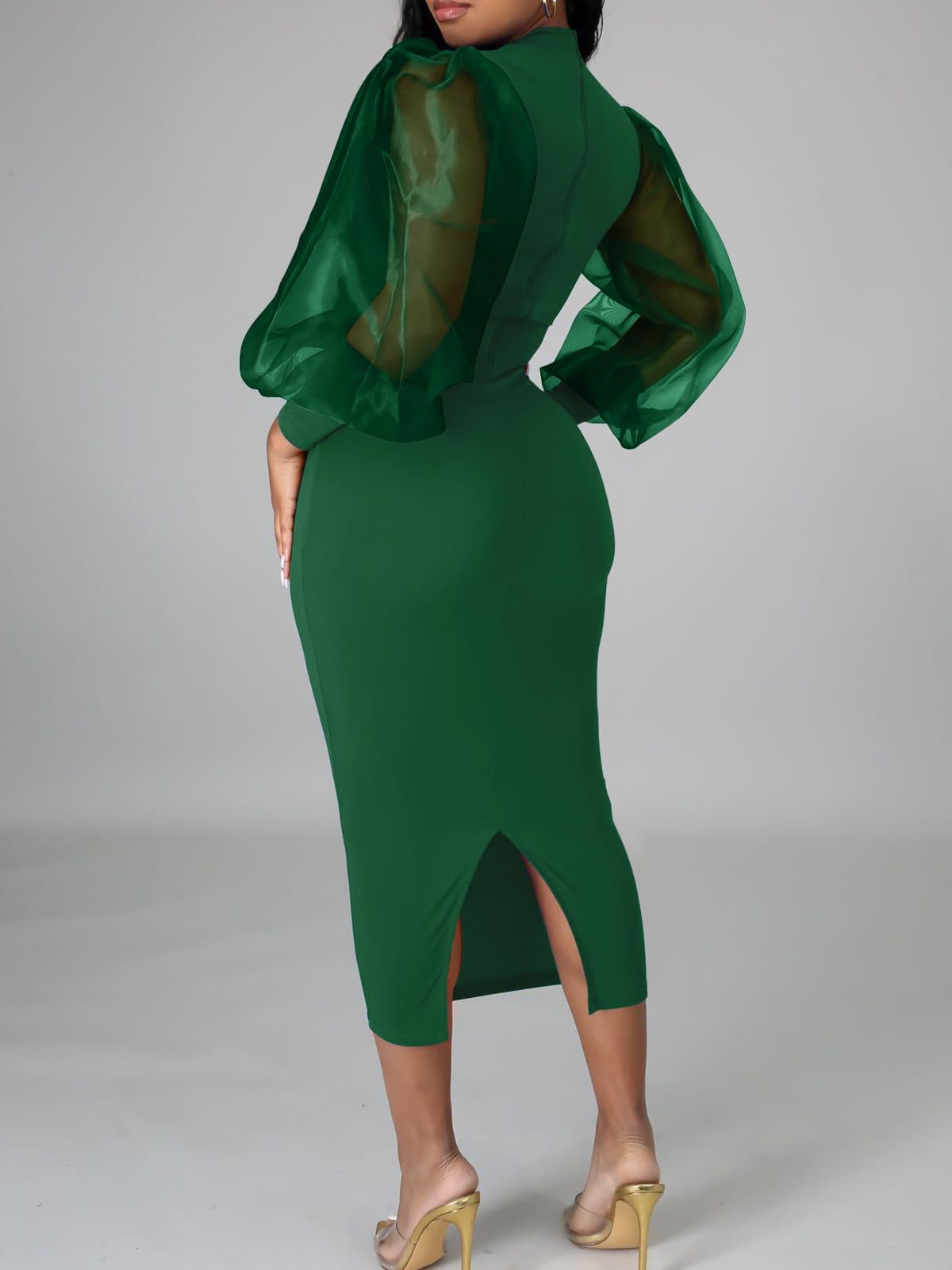 Elegant Sheer Puff Sleeve Midi Dress