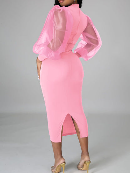 Elegant Sheer Puff Sleeve Midi Dress
