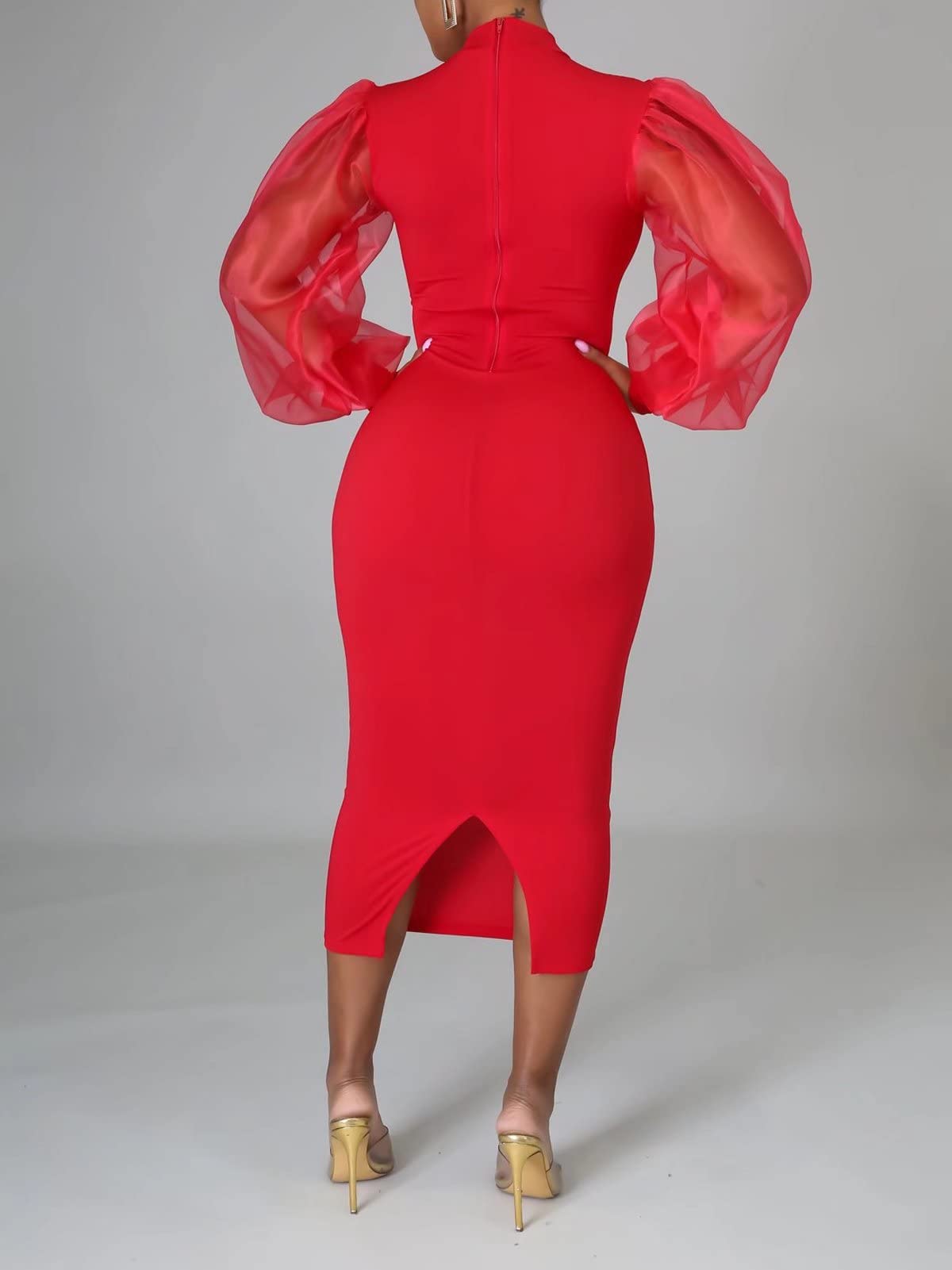 Elegant Sheer Puff Sleeve Midi Dress