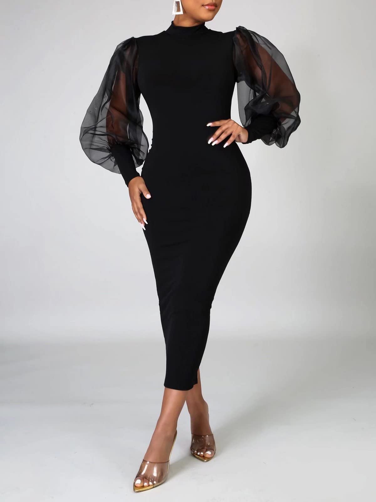 Elegant Sheer Puff Sleeve Midi Dress