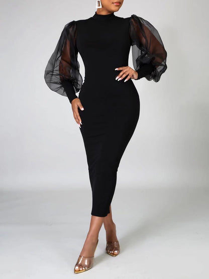 Elegant Sheer Puff Sleeve Midi Dress
