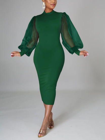 Elegant Sheer Puff Sleeve Midi Dress