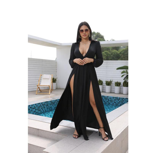 Nadia Deep V Neck Front Split Maxi Dress