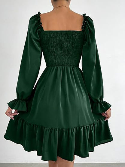 Square Neck Puff Sleeve A-Line Ruffle Hem Knee Dress