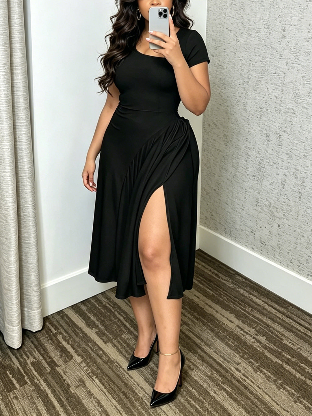 Pleated Asymmetrical Neck Midi Dress